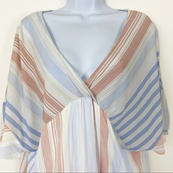 NEW NWT KORI Salmon & Blue Striped Tassel Top Beach Coverup V-neck Oversized Sm - Picture 4 of 9